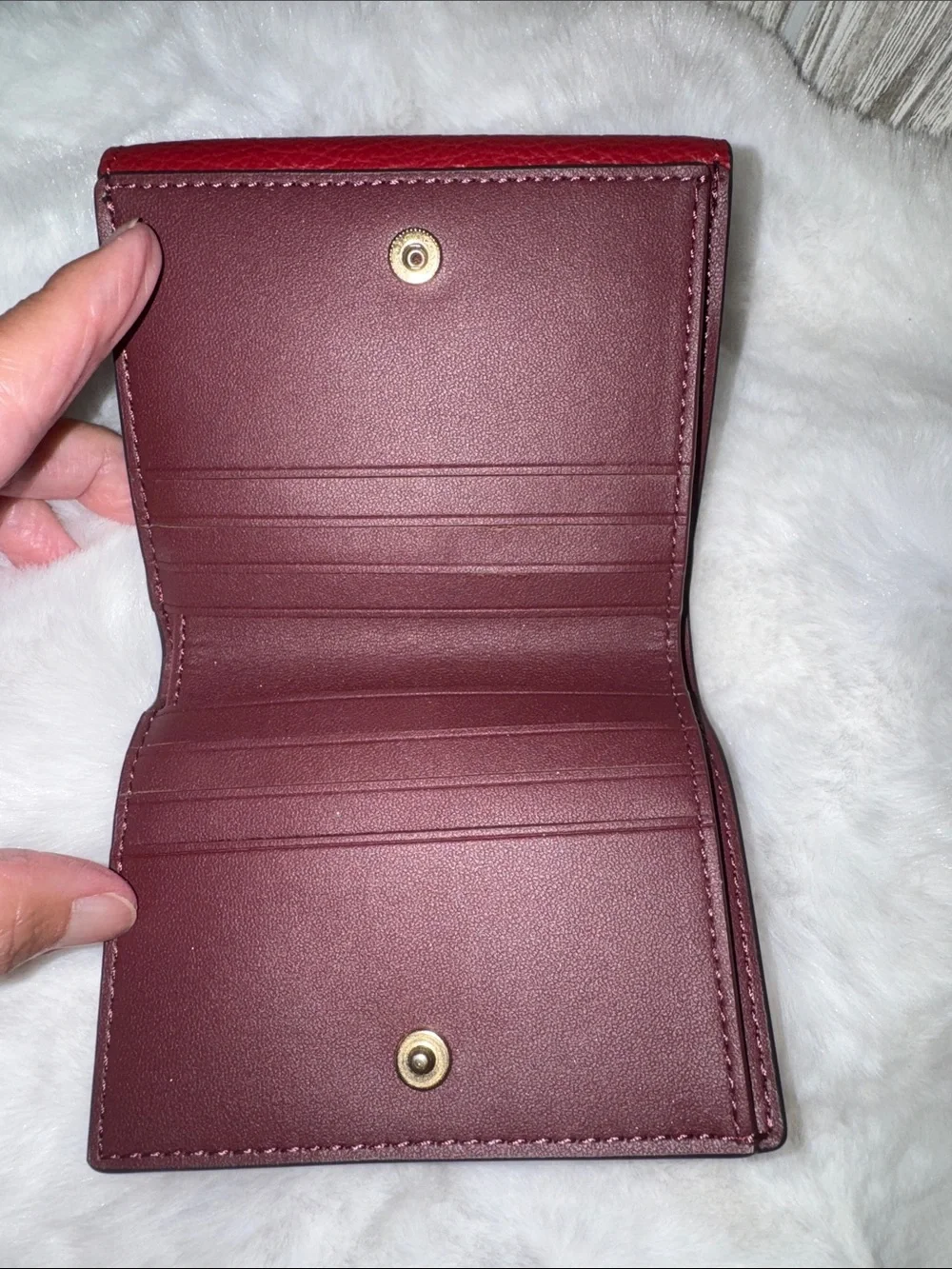 Coach Pepper Pebbled Leather Compact Wallet in Deep Red with Gold Hardware